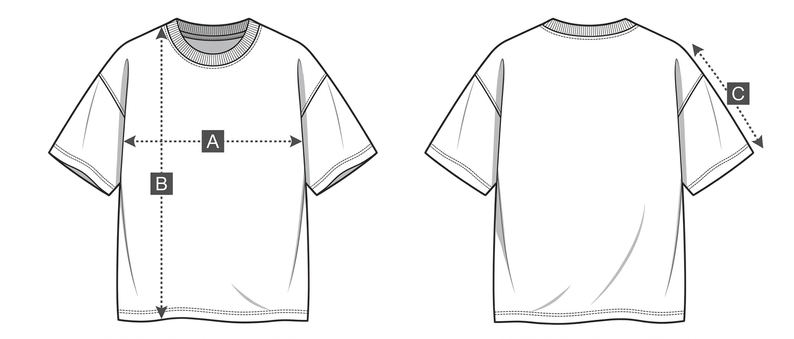 T-shirt measurement diagram showing A (half chest), B (body length), and C (sleeve length)